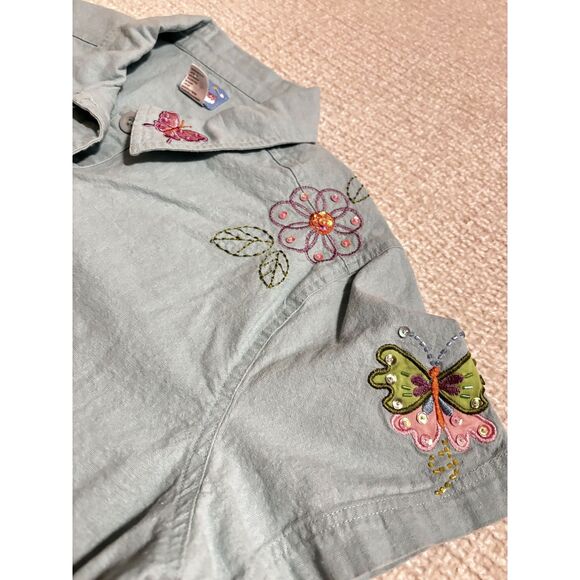 Cre8ions Linen Butterfly Embroidered Button Shirt XL Pastel Cottagecore Top Art - Picture 2 of 7